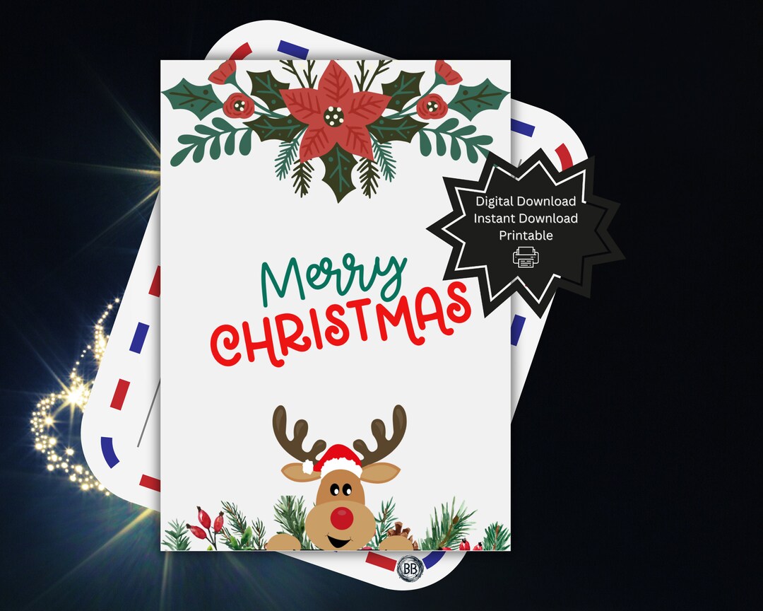 Merry Christmas Digital Card, Printable Christmas Cards, Greetings Card