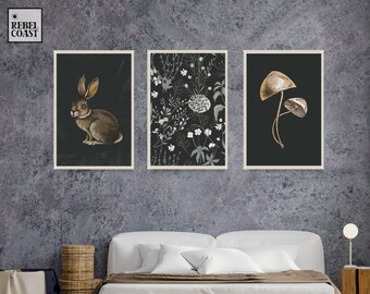 Set of 3 Dark cottagecore - Dark academia decor - Dark academia prints - Dark Vintage Botanical Print -Printable wall art - Digital art -