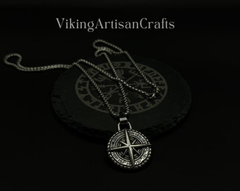 Compass Necklace, Viking Compass Pendant Necklace, North Arrow Compass, Nordic Jewellery, Mens Nautical Jewellery, Gift for Him