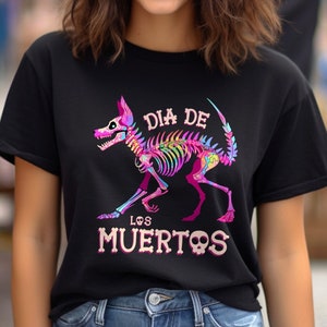 Camiseta de fiesta Dia De Los Muertos, Día de los Muertos, camiseta de perro esqueleto de Halloween, camisa de Halloween de calavera vibrante, camiseta de perro de temporada espeluznante