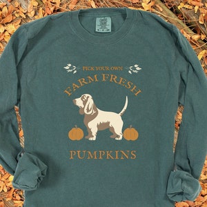 Puede incluir: Una camiseta de manga larga de color verde azulado con un gráfico de un perro de pie entre dos calabazas. El texto "Pick Your Own Farm Fresh Pumpkins" está impreso en la camiseta.