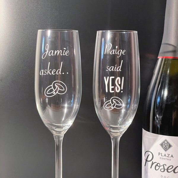 Custom Personalised Champagne Flutes, Custom Engagement Gift, Wedding Toasting Flutes, Unique His and Her Glasses, He Asked... She Said Yes!