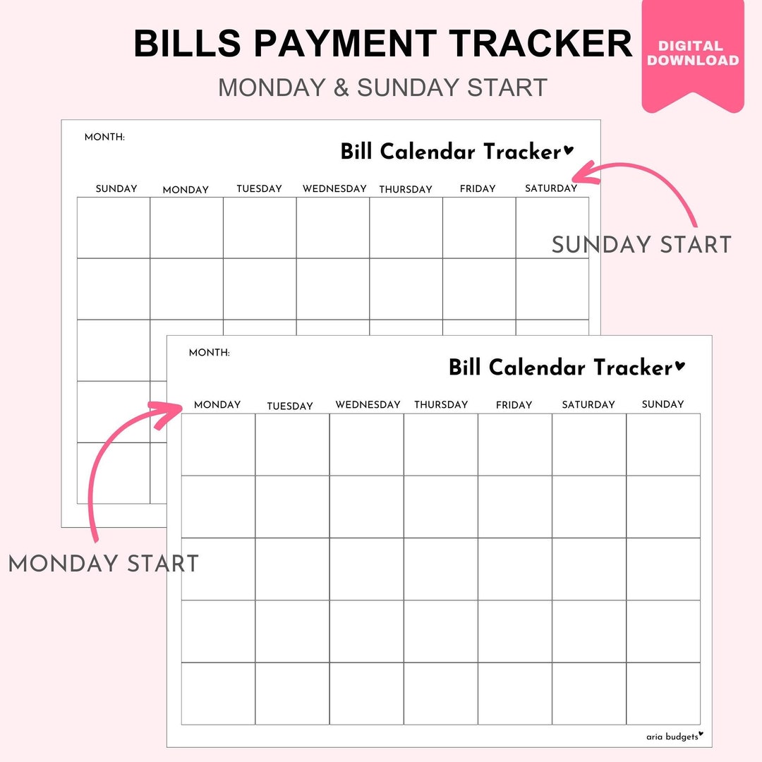 Bill Calendar Printable Monthly Bill Planner Monthly Bill Log Bill Calendar Printable Monthly Bill Planner Monthly Bill Log