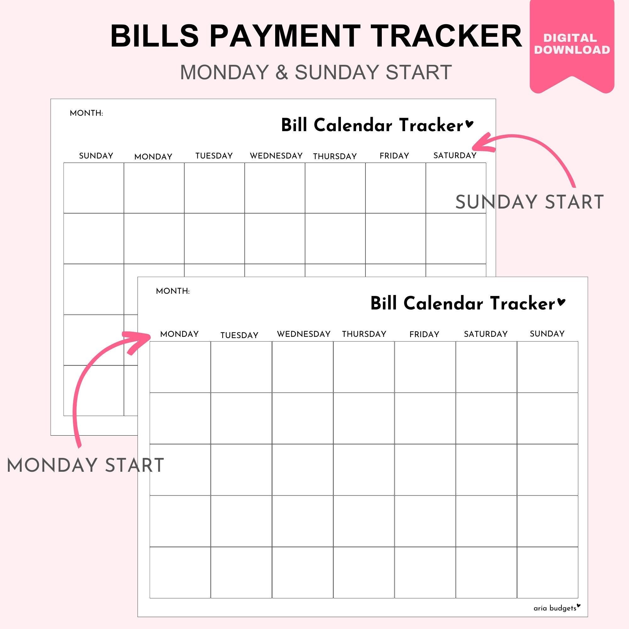 Bill Calendar | Printable Monthly Bill Planner | Monthly Bill Log ...
