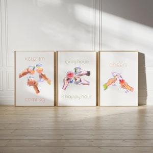 Set of 3 Bar Cart Prints, Cocktail Print, Minimalist Art, Modern Bar Wall Art, Cheers Print, Kitchen Art prints, bar cart accessory, decor