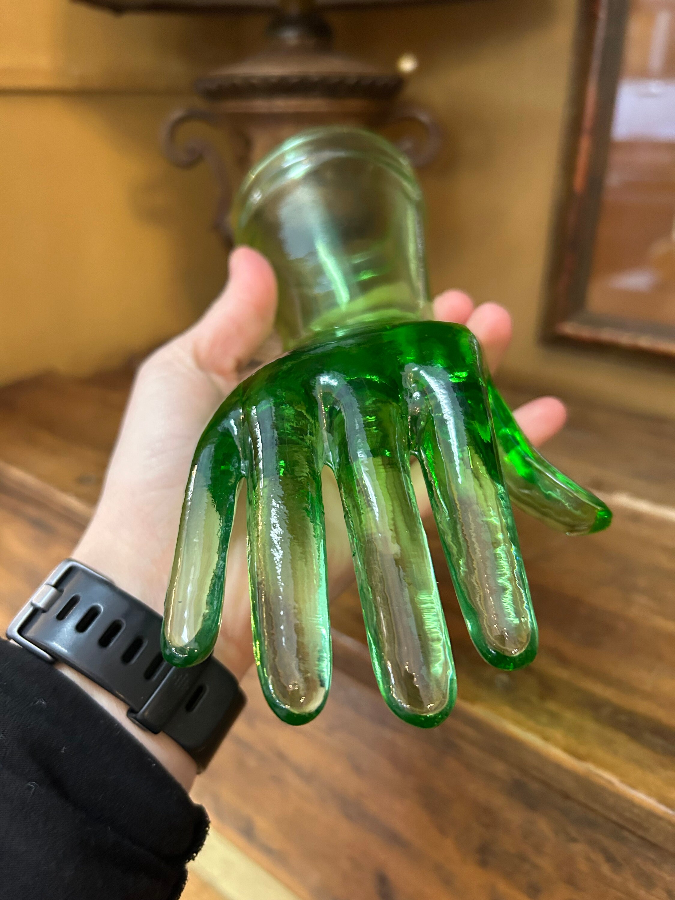 Vintage Green Depression Glass Hand Ring Holder. Retro Ring Holder