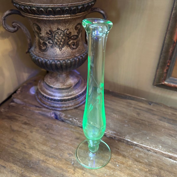 Vintage Uranium Glass Swung Style Bud Vase. Uranium Glass Swung Vase. Uranium Glass Bud Vase. 8 3/4".