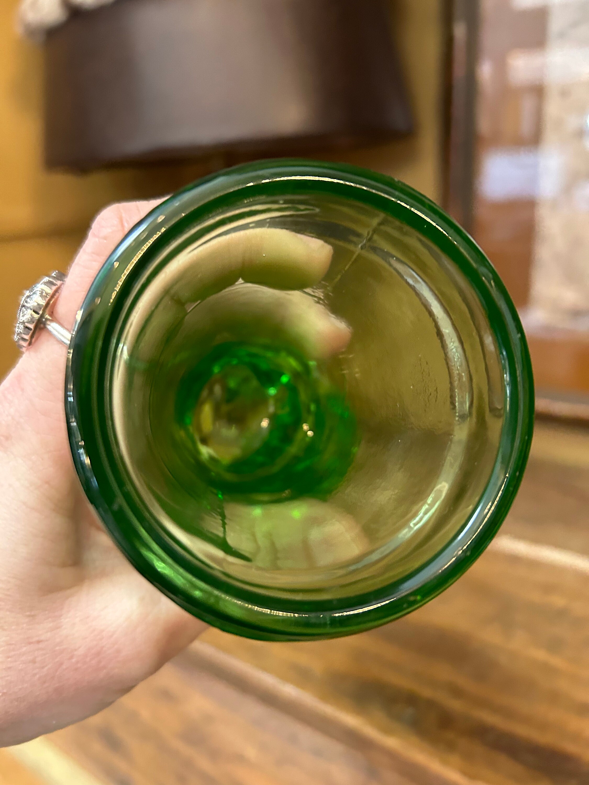 Vintage Green Depression Glass Hand Ring Holder. Retro Ring Holder