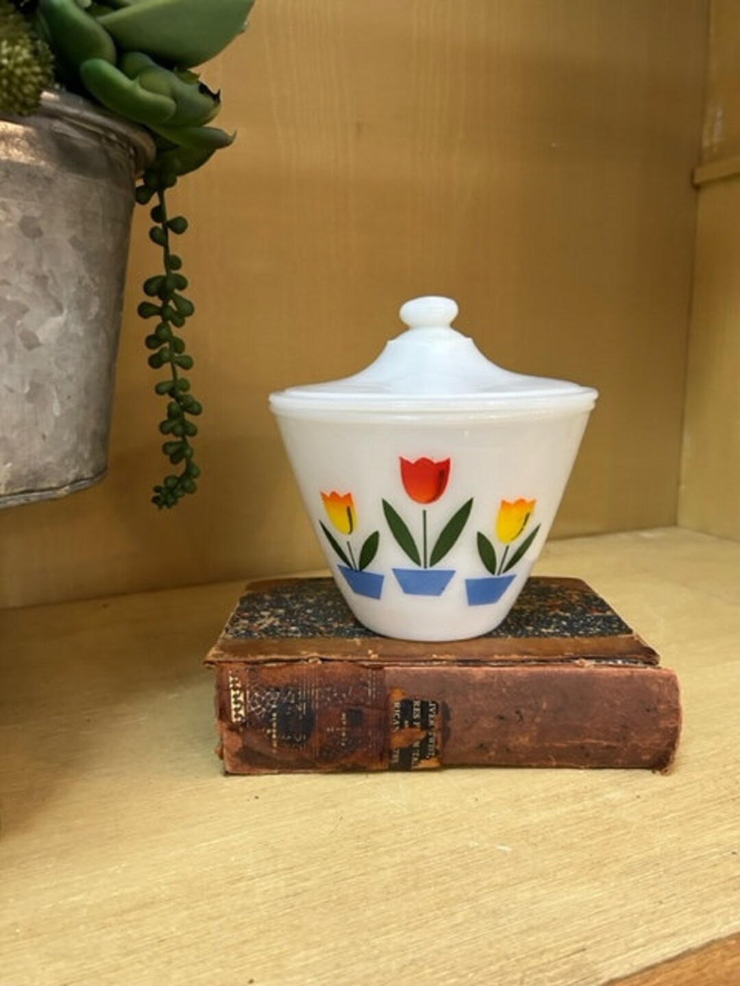 Vintage Fire King Tulip Grease Jar. Fire King Grease Jar. Rare Fire
