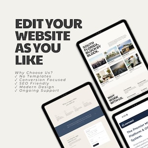 Pode incluir: Três tablets exibindo interfaces de sites com o texto EDIT YOUR WEBSITE AS YOU LIKE e uma lista de recursos incluindo No Templates, Conversion Focused, SEO Friendly, Modern Design e Ongoing Support em preto sobre um fundo claro.