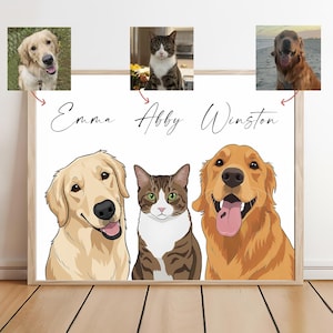 Könnte beinhalten: Gerahmtes Haustierporträt mit zwei Golden Retrievern und einer getigerten Katze. Die Namen "Emma", "Abby" und "Winston" stehen über den Tierillustrationen. Das Kunstwerk ist vor einem weißen Hintergrund.