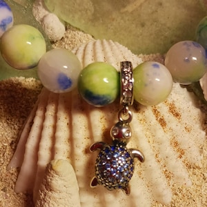 Jasper blue,white,green 6mm beaded Stretchy bracelet/Sterling Silver turtle charm| custom bracelets | stone bracelets |