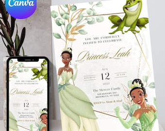 Peut inclure: Une invitation imprimable pour une fête d'anniversaire sur le thème de la princesse. L'invitation présente un design vert et or avec une image de dessin animé de la princesse Tiana du film de Disney La Princesse et la Grenouille. Le texte sur l'invitation indique "Vous êtes cordialement invités à célébrer la princesse Leah, samedi 12 août 2023, à 16h00, au château Mercer, 139 Rogers Ave, Brooklyn, NY 11212, RSVP à maman et papa."