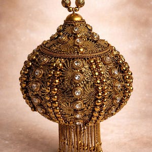 May include: Ornate gold-colored handbag with intricate detailing and sparkling accents. The bag features a beaded handle and a tassel fringe at the base. The design is rich and detailed, with a vintage or ethnic aesthetic.