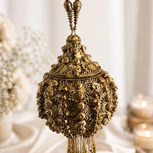 Peut inclure: Sac à main doré orné de motifs floraux et perlés complexes. Le sac sphérique est doté d'une longue chaîne et d'une frange de petites perles. Le fond est un tissu blanc et doux.