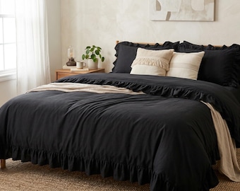 Black Cotton ruffle Duvet Cover with Ruffles – Shabby Chic Earthy Bedding set with two shams in all Size
