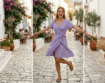 European Summer Linen Dress, Breathable Wrap Sun Dress, V-Neck Beach Dress, Sustainable Vacation Outfit, Short Sleeve Everyday Linen Wrap