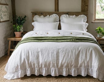 Farmhouse White Linen Ruffle Duvet Cover Natural Breathable Linen Bedding Minimalist Ruffled Quilt Cover with Coconut Buttons Blend Me Green