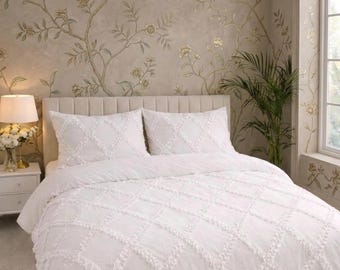 White 100% Cotton Princess Duvet Cover Three piece Set with shams |Tufted diamond shabby chic I soft, bohemian, and high-dimension look.