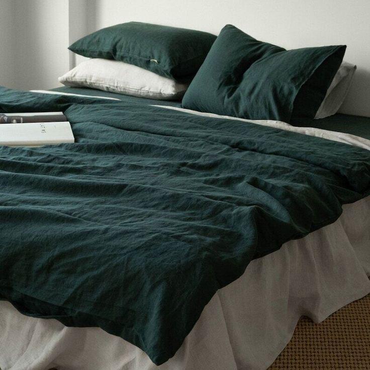 LINEN Forest green sheet set. premium 100% organic Dark green one flatsheet, fitted sheet and two pillowcases seamless. By Blend me GREEN.