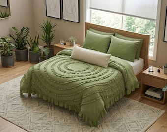 Capa de edredom em algodão verde matcha com babados – Conjunto de cama rústico estilo shabby chic com duas fronhas em todos os tamanhos.