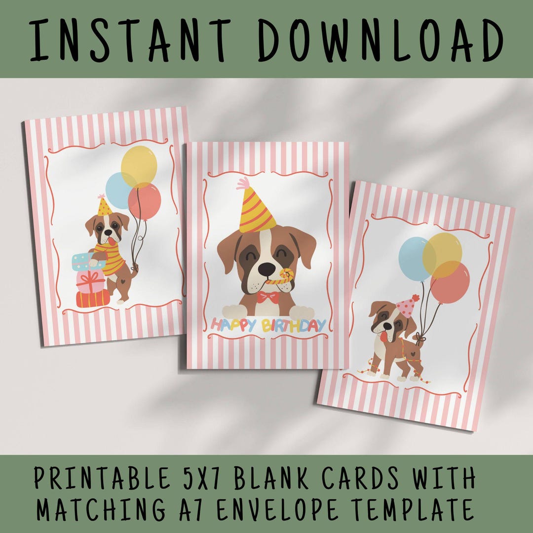 Boxer Dog Birthday Card Set: Printable 5x7 Cards and A7 Envelope ...