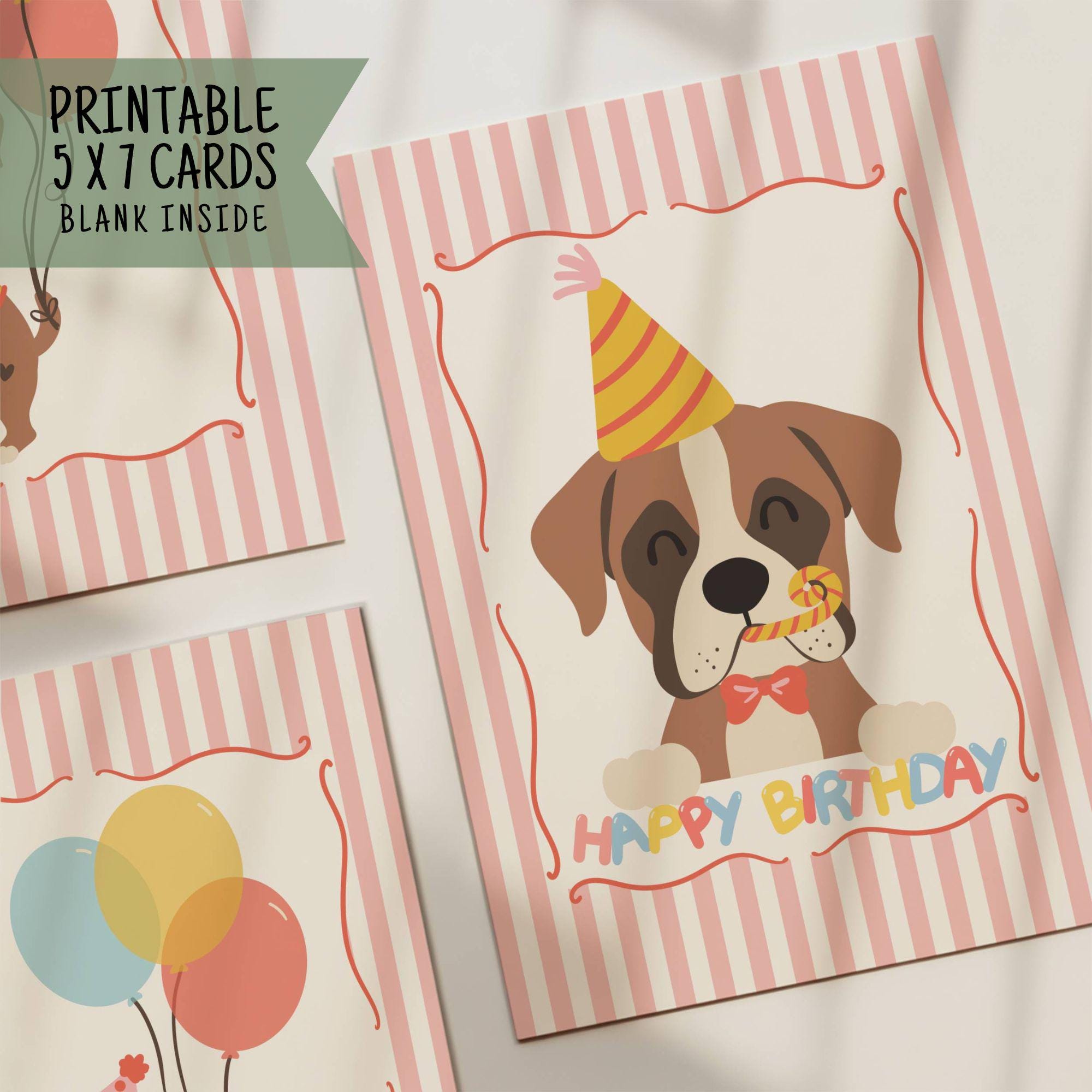 Boxer Dog Birthday Card Set: Printable 5x7 Cards and A7 Envelope ...