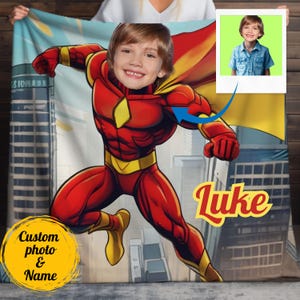 Personalized superhero photo blanket, Custom name blanket little boy gift, Boy&#39;s Birthday gift, Velveteen Blanket, sherpa blanket