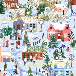 Weihnachtsdorf Postkarte, Weihnachtsillustration Postkarte, Weihnachtskarte, Feiertagskarte, Festliche Weihnachtskarte, Grußkarte, Winter