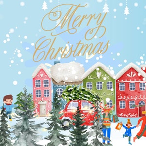 クリスマスイラストポストカード、クリスマスカード、クリスマスカード、季節の挨拶、ホリデーカード、冬、雪、家族