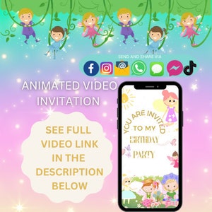 May include: A pink and blue animated video invitation with a fairy theme. The invitation features a phone screen with the text "You are invited to my birthday party".