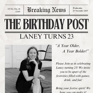 Newspaper Birthday Invitation, Vintage Newspaper, Birthday Invitation, Canva Editable Template