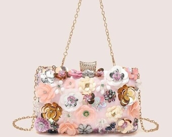 Pink Clutch Bag Floral Embellished Clutch Bag Flower Evening bag Light Pink Wedding Bag Wristlet Bridal Clutch bag with Detachable 2 strap