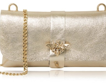 Gold & Silver Leather Bee Cross Body Bag Silver Party bag Silver Clutch Bag Gold Evening bag  clutch bag with Detachable Chain strap