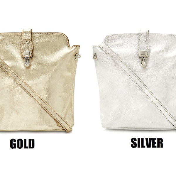 Metallic Leather Crossbody Bag, Soft Leather Gold Shoulder Bag Italian Leather Bag, Silver Handbag, Silver Party bag, Gold Evening bag