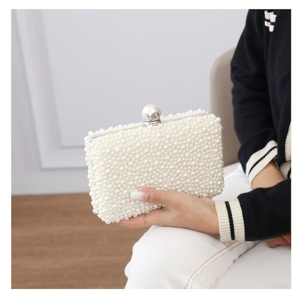Ivory Evening bag Pearl Clutch bag With Long Detachable Chain strap For Wedding Party Prom Bridal Purse/Bridal Clutch bag/Ivory Pearl Bag