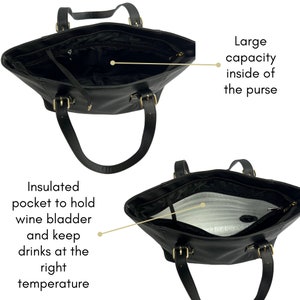 Peut inclure: Sac fourre-tout en cuir noir avec une grande capacit&eacute; et une poche isol&eacute;e pour contenir une poche &agrave; vin et garder les boissons &agrave; la bonne temp&eacute;rature.