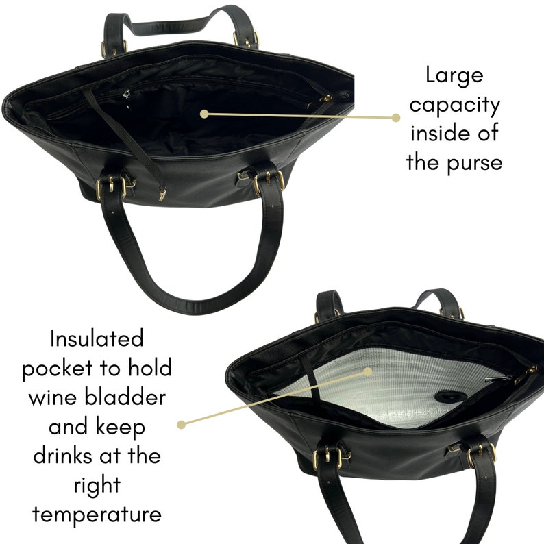 Peut inclure: Sac fourre-tout en cuir noir avec une grande capacit&eacute; et une poche isol&eacute;e pour contenir une poche &agrave; vin et garder les boissons &agrave; la bonne temp&eacute;rature.