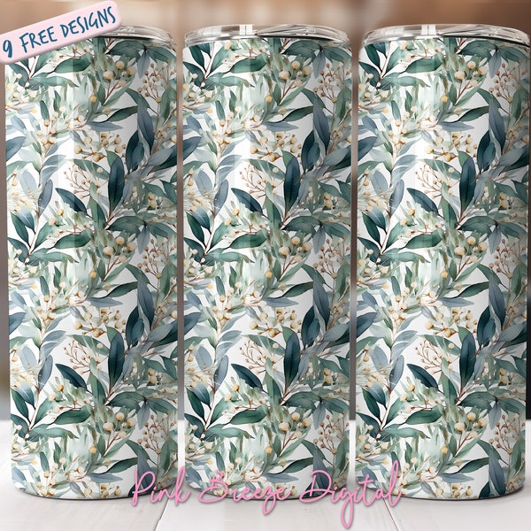 Botanical Gum Leaves Seamless 20 oz Skinny Tumbler Sublimation Design, Straight Tumbler Wrap PNG, Instant Digital Download