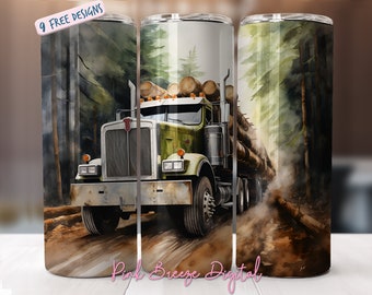 Logging Semi Truck 20 oz Skinny Tumbler Sublimation Design, Straight Tumbler Wrap PNG, Instant Digital Download