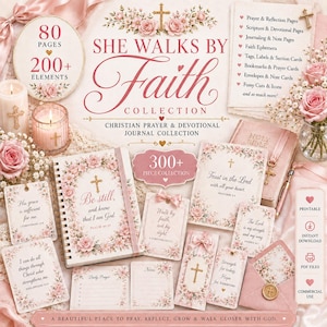 Peut inclure: Une collection numérique intitulée She Walks By Faith comprenant 80 pages et plus de 200 éléments, dont un journal à spirales, des cartes de prière, des étiquettes et des enveloppes. Les articles présentent des motifs floraux roses et des croix dorées.