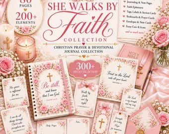 May include: A She Walks By Faith collection featuring a spiral-bound journal, prayer cards, envelopes, and devotional pages. The set includes pink rose floral motifs, gold cross accents, and printed scripture text on a soft pink satin background.