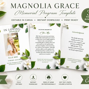 Könnte beinhalten: Eine dreiseitige Gedenkprogramm-Vorlage mit dem Titel Magnolia Grace auf weißem Papier mit grünen Blatt- und weißen Blumenillustrationen. Das Design enthält Platzhalter für Foto, Name, Daten und Text sowie eine Größenangabe von 5x7 Zoll.