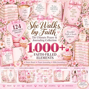 Könnte beinhalten: Eine digitale Sammlung von Journaling-Materialien zum Thema Glaube mit rosa Blumenakzenten, Herzen und Schleifen. Der Text enthält "She Walks by Faith", "1,000+ Faith-Filled Elements" sowie verschiedene religiöse Schriftstellen.