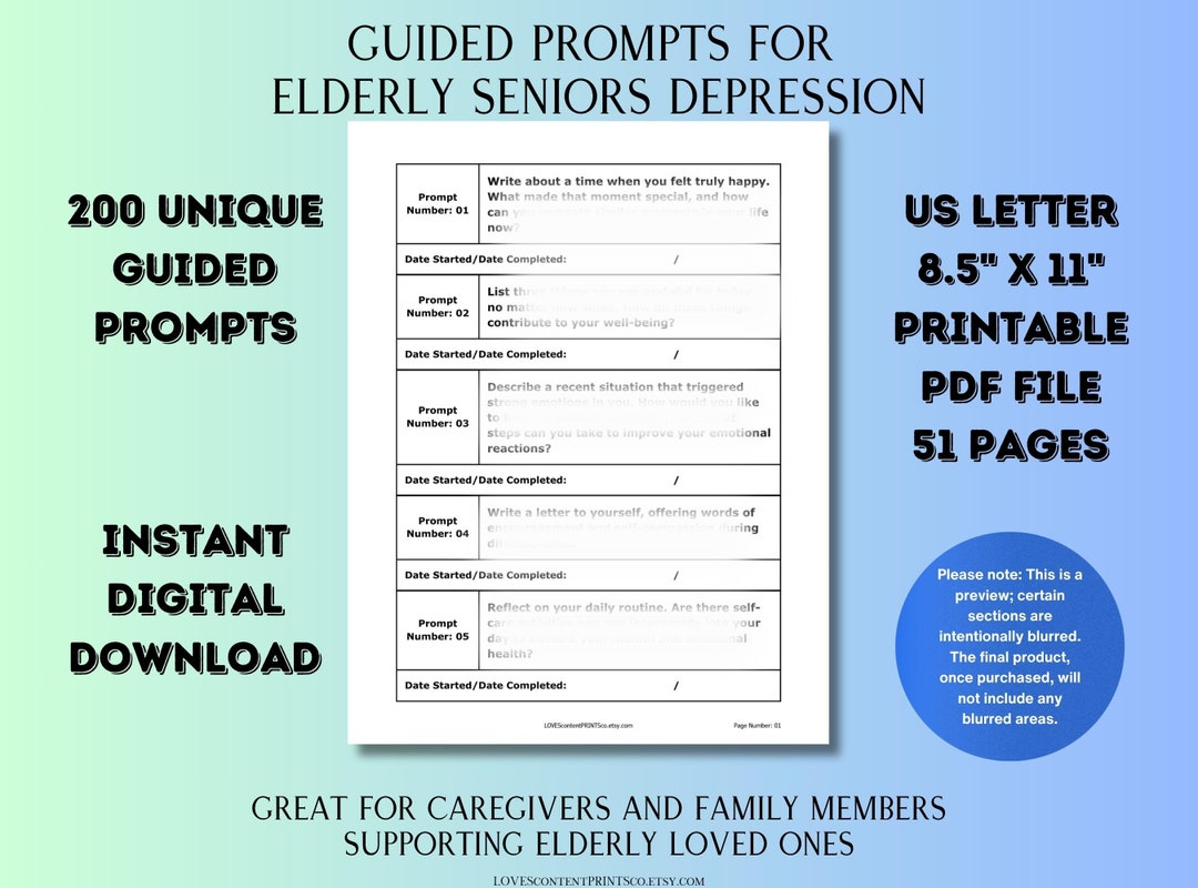 Guided Prompts for Elderly Seniors Depression, Self Care Forms