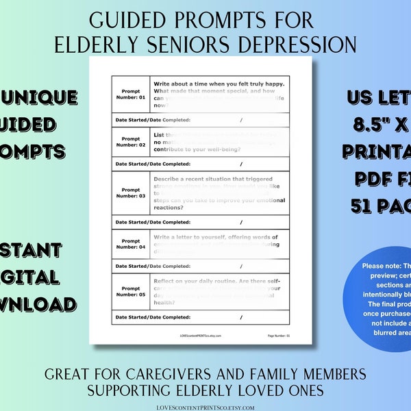 Guided Prompts for Elderly Seniors Depression, Self Care Forms, Printable Emotional Awareness, Elderly Empowerment, Caregiving Printable PDF