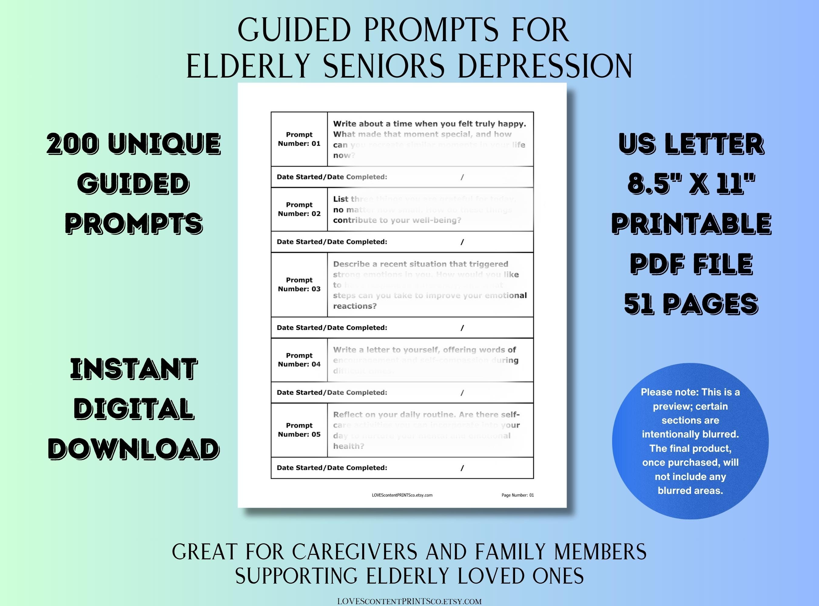 Guided Prompts for Elderly Seniors Depression, Self Care Forms ...