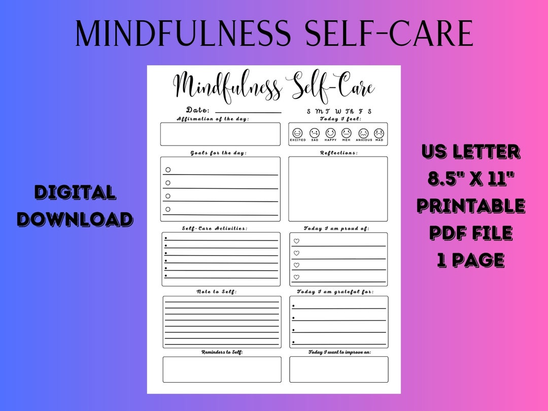 Mindfulness Self-care Worksheet, Mental Wellness Tool (printable PDF ...
