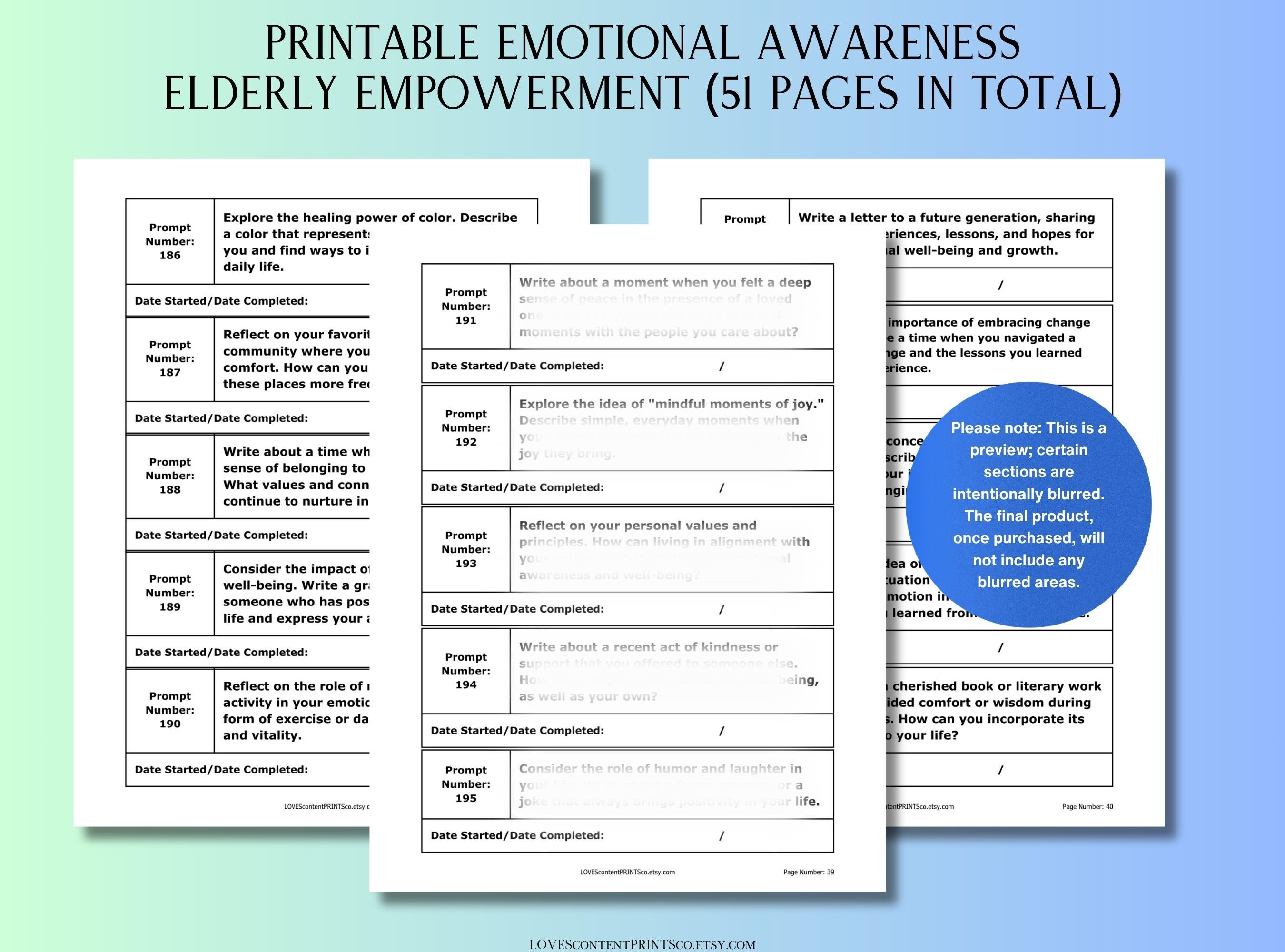 Guided Prompts for Elderly Seniors Depression, Self Care Forms ...