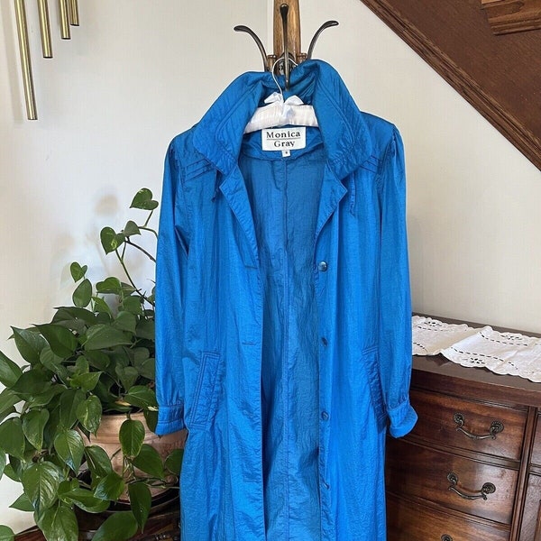 vintage 1980s Blue Wind Breaker Trench Rain Coat Size 8 Monica Grey Shoulder Pads